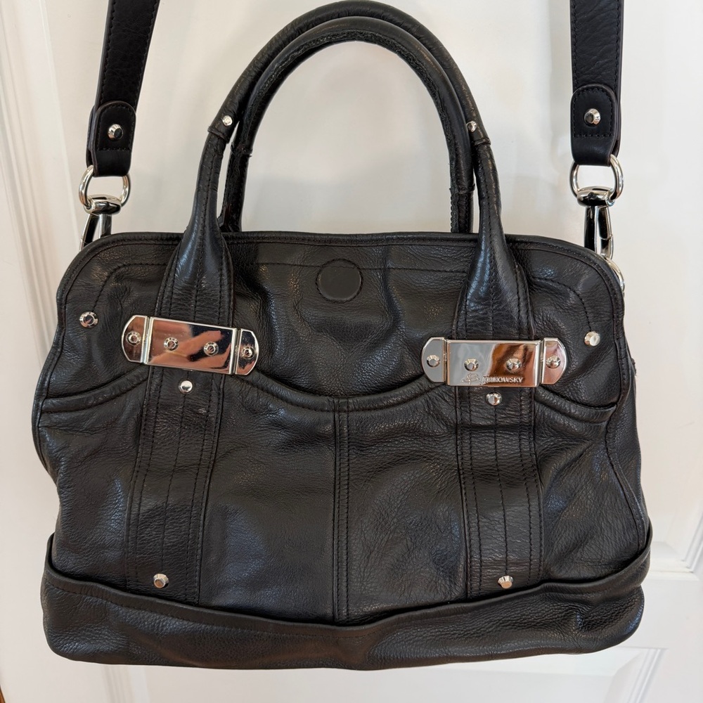 B. Makowsky Black Leather Purse/Shoulder Bag W/Grommets & Purple Satin Interior